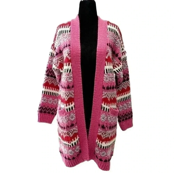 Cocogio Wool Duster Cardigan Chunky Knit Draped Sweater Pink Red Black Small - Picture 1 of 17